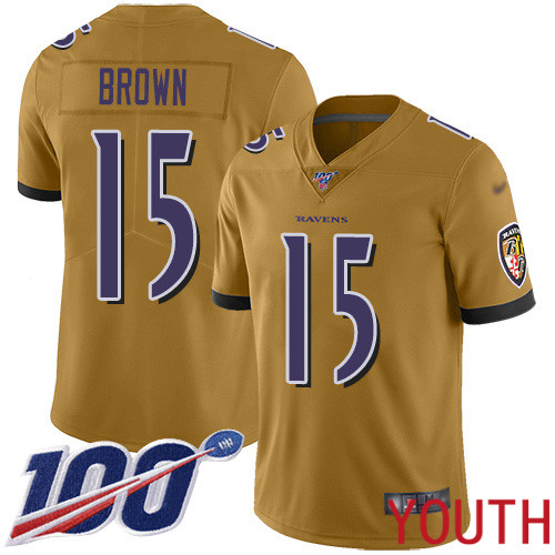 Baltimore Ravens Limited Gold Youth Marquise Brown Jersey NFL Football #15 100th Season Inverted Legend->youth nfl jersey->Youth Jersey